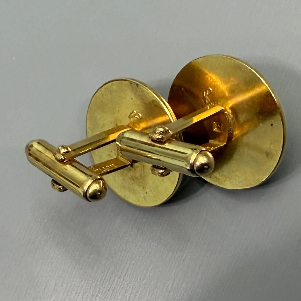 Vintage Anson Gold Saturn Greek Key Textured Cufflinks With Tiger's Eye Glass